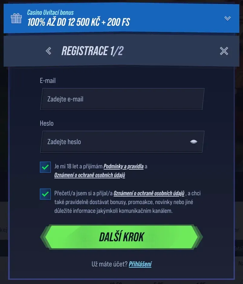 Registrační formulář v VegasHero